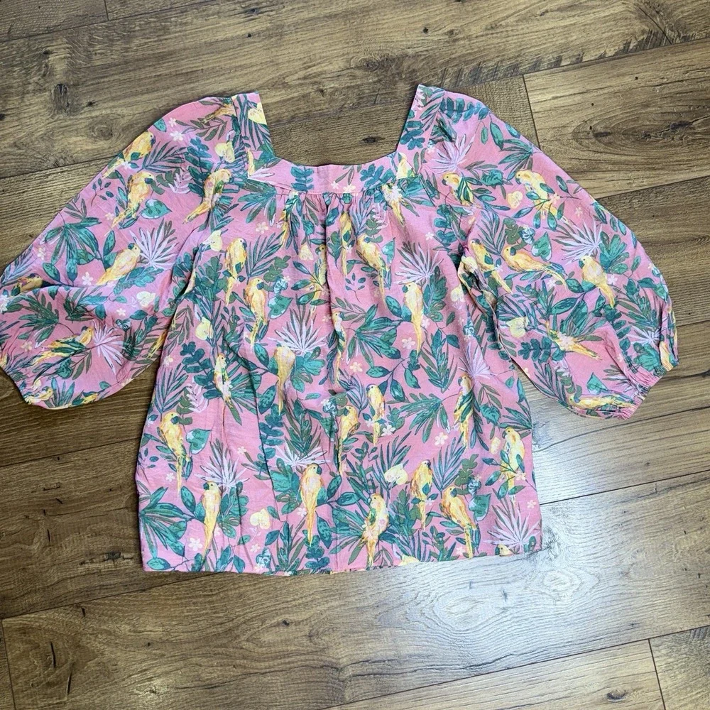 Lauren Conrad Pink‎ Parrot  Blouse Boho Tropical Puff Sleeve Top Shirt Womens S - Picture 5 of 5
